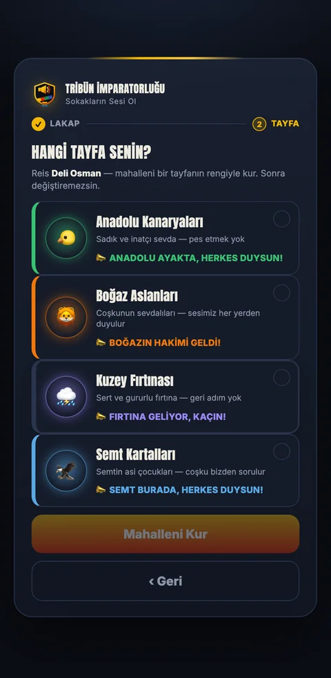 Tayfanı seç ekranı